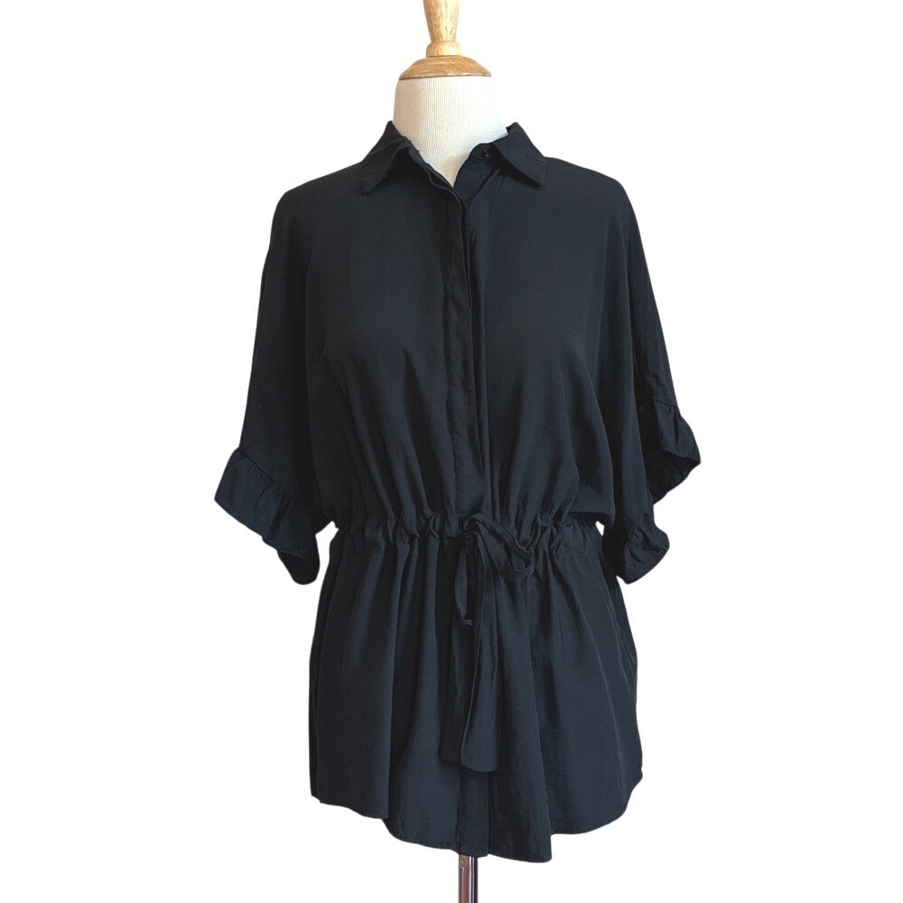 BISHOP + YOUNG Women Small Black Dolman Ruffle Sleeve Peplum Top Dark Romantic